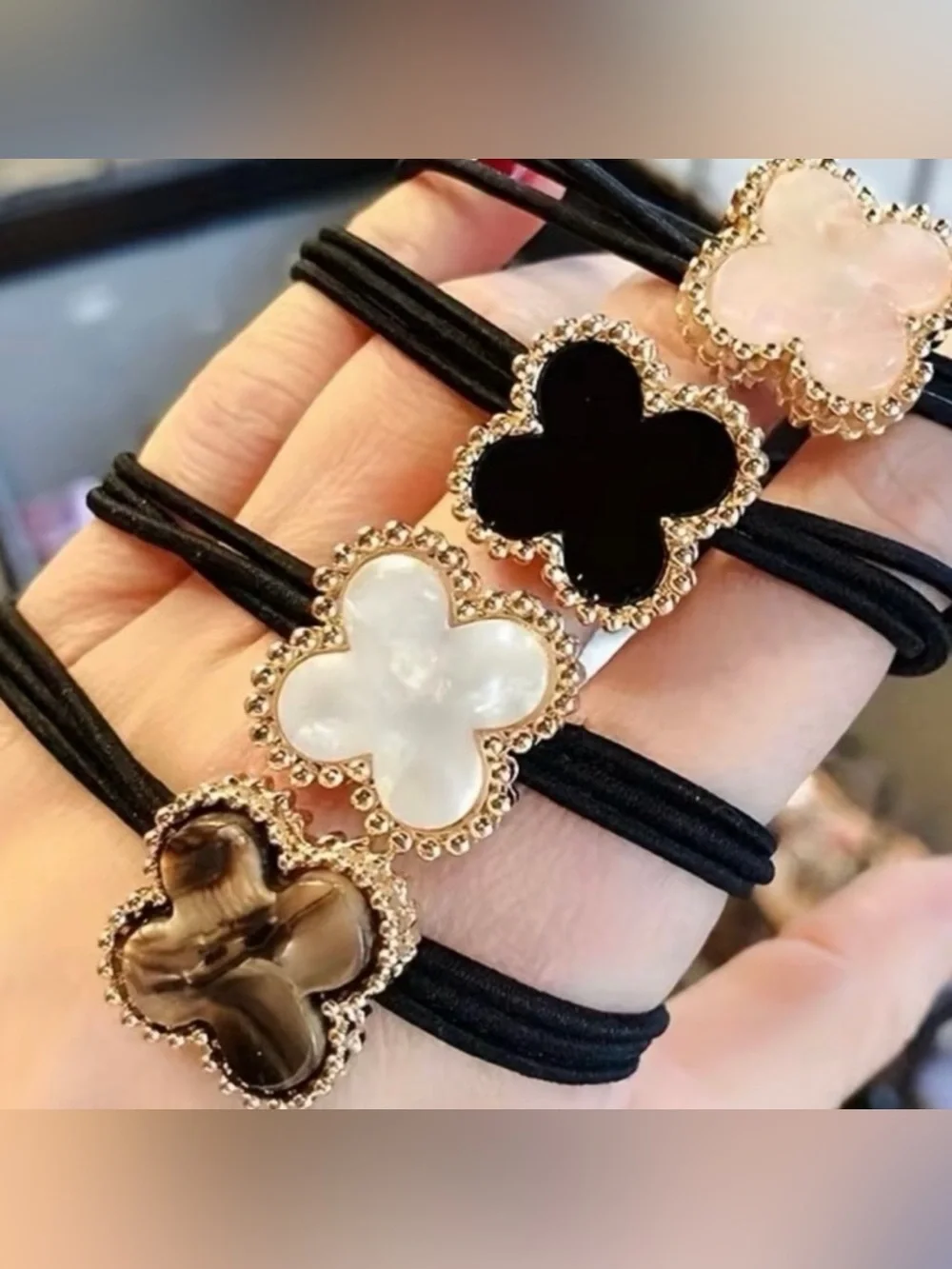 Kohl's Black White Brown Clover Resin Hair Ties with Gold Trim